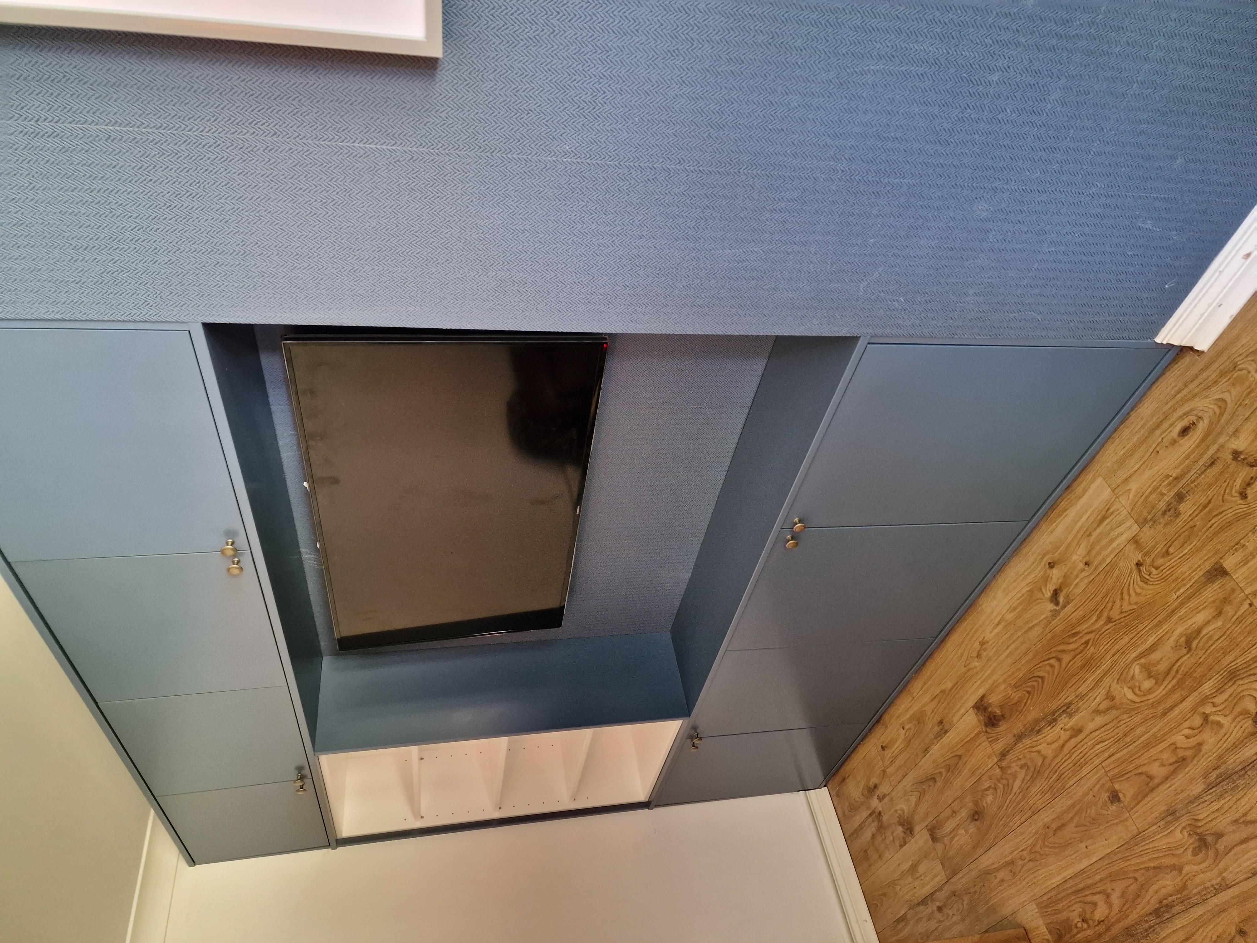 Media Wall - Slate Blue Cabinetry with Shelving