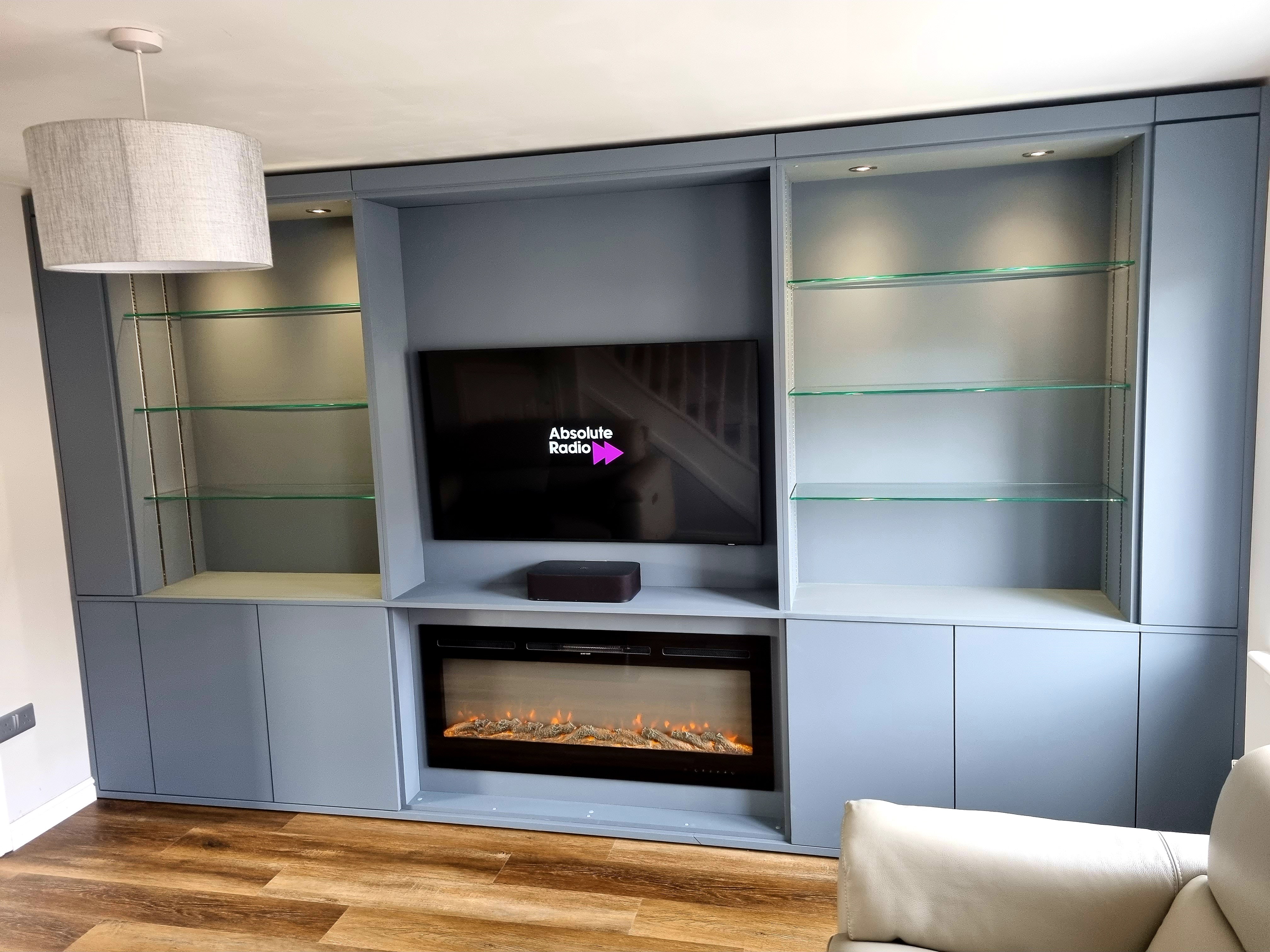 Media Wall - Premium Slate Blue with Glass Shelving